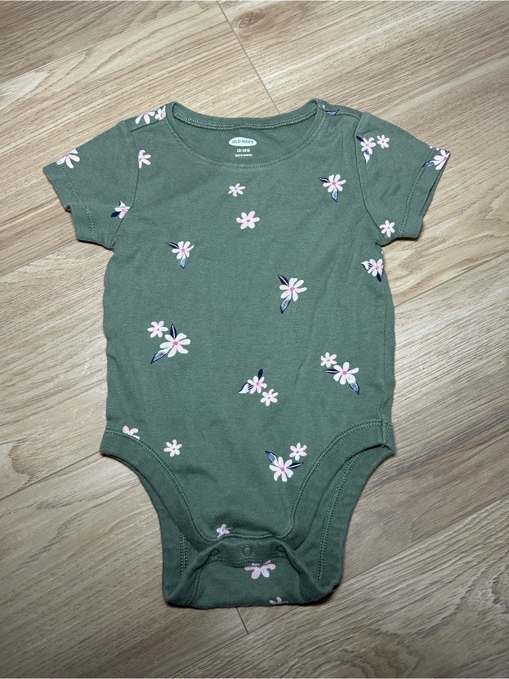 Old Navy Olive Green Floral Baby Bodysuit with Pink Flowers